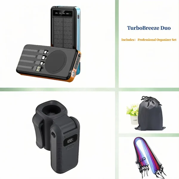 Work and travel power supply combination: 10000mAh charger + turbo handheld fan | with cable storage bag