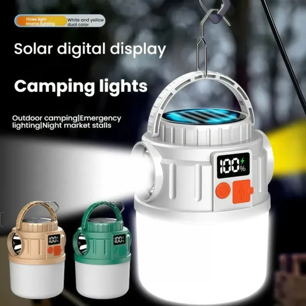 65W Solar Camping Lantern with Digital Display – USB Rechargeable, Waterproof, Dual Light Modes for Emergencies & RV Camping - Image 2
